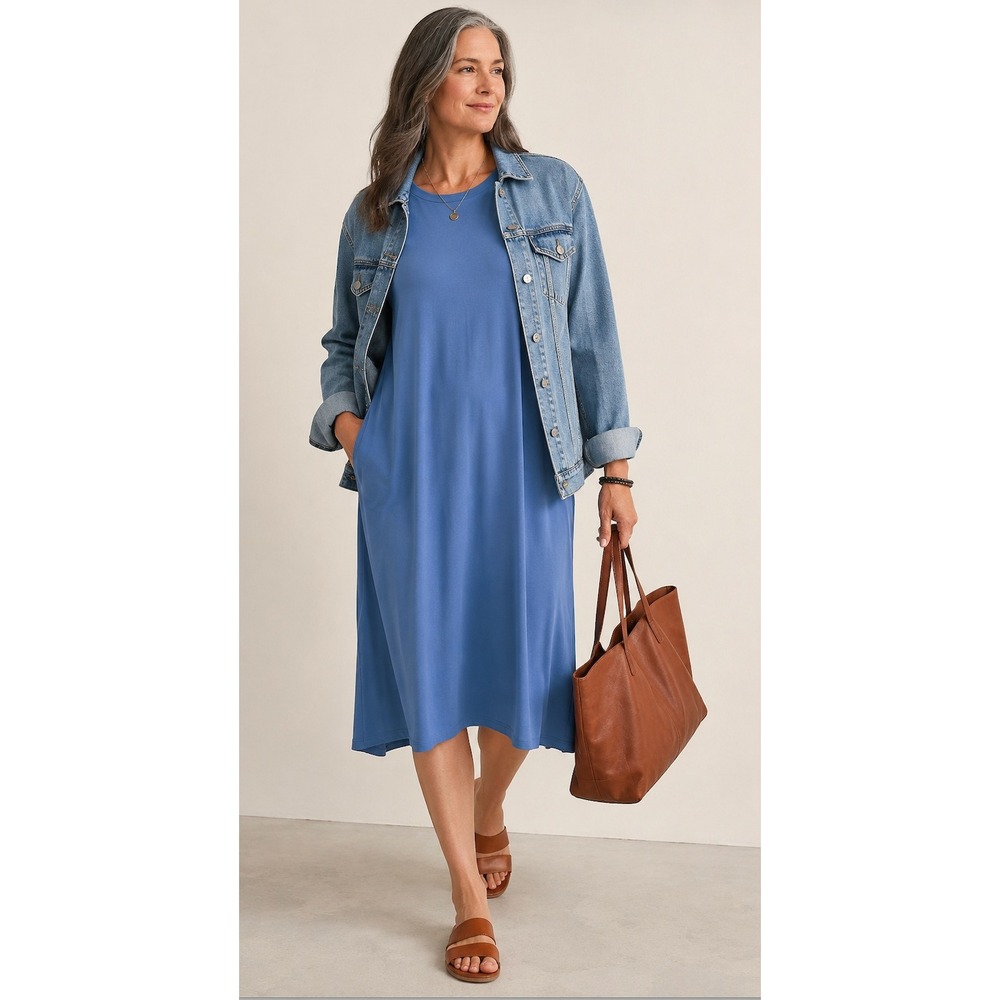 Eileen Fisher Blue Viscose Midi Dress‎ L Fall Teacher Capsule Minimalist